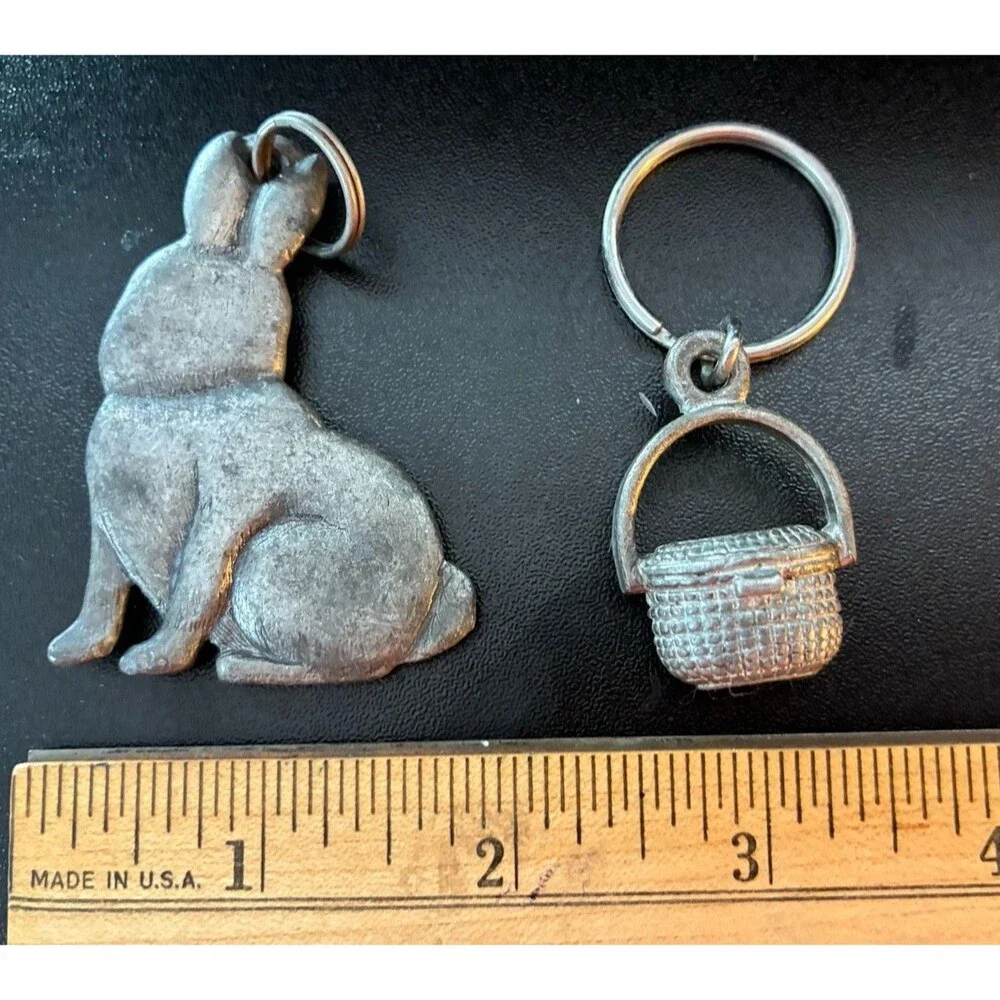Set of Pewter Rabbit and Basket Keychains